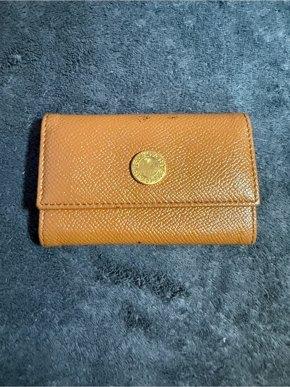Bvlgari Tan Leather Trifold Key Wallet with Gold Emblem